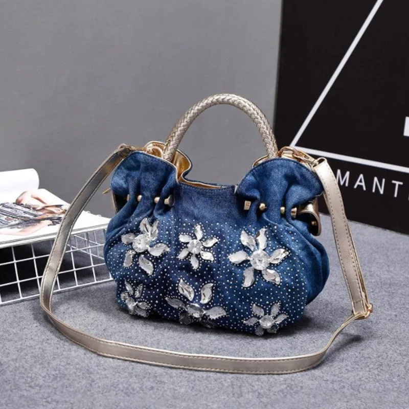 New Luxury Women Denim Bags Sweet Blue Pattern High Quality Handbags With Purses Diamond Ladies Tote Bag Messenger Bags