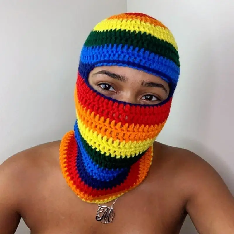 39BD Regenbogen-gestreifte Sturmhaube, Strick-Sturmhaube, Kapuzenmütze, Schal, Halloween, Sturmhaube, Beanie-Schal-Set, Fahren – Detail 5