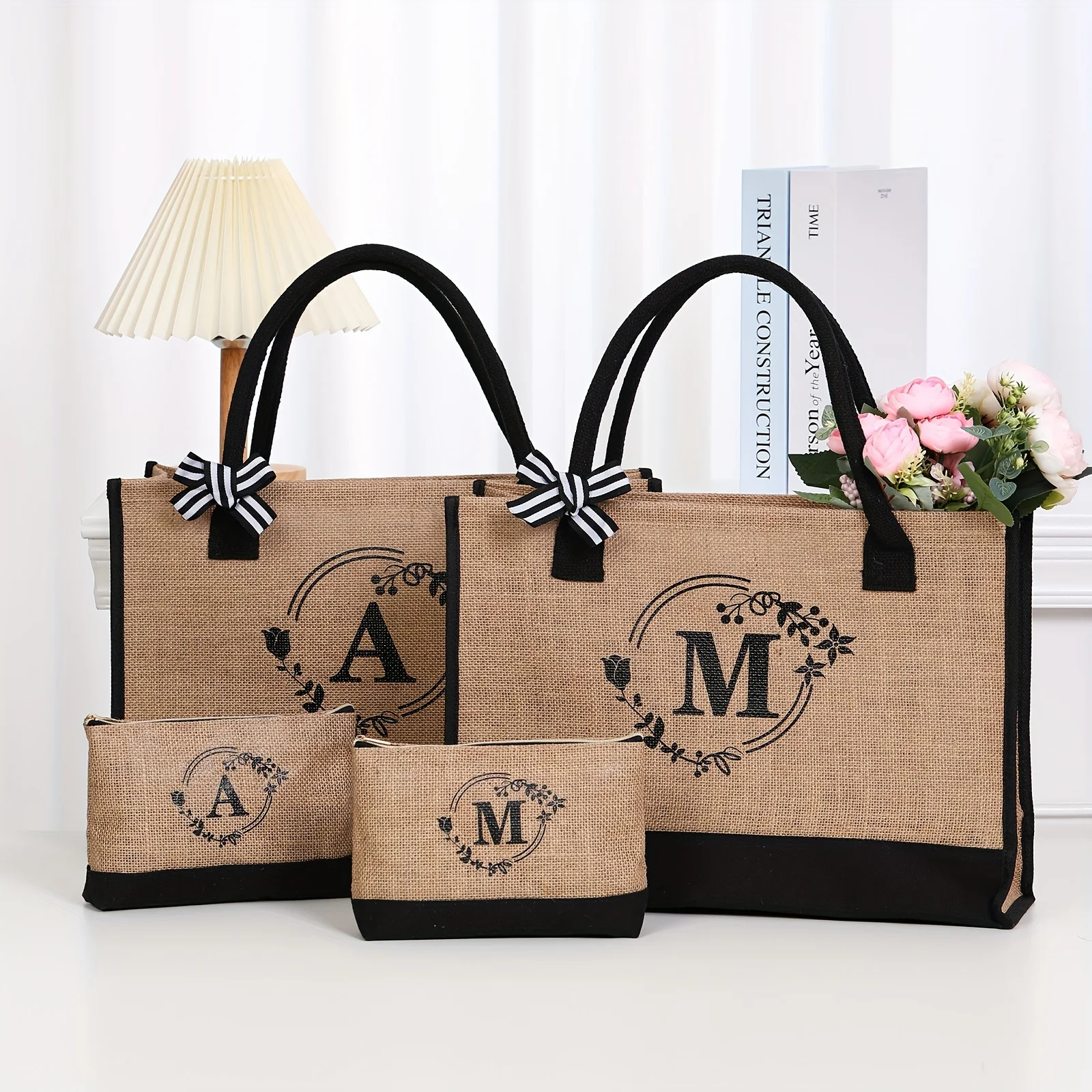 2-Piece Set Personalized Monogram "M" Tote And Cosmetic Bag, Large Capacity Travel Tote With Matching Pouch, Rustic Fabric  For