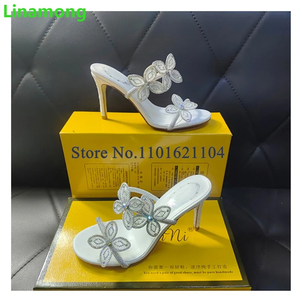 White Flowers Luxury Design Slippers For Female Women 2024 New Thin High Heel Round Toe Sexy Elegant Shallow Party Outside Shoes