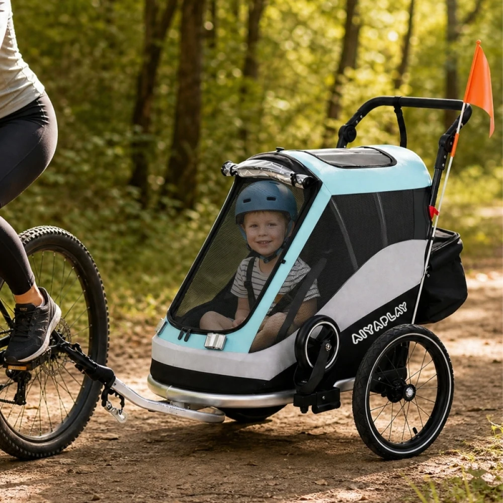 2-in-1 Faltbarer Kinderfahrradanhänger & Kinderwagen, 16-Zoll Luftreifen, 5-Punkt-Gurt, Feststellbremse, Reflektierende Sicherheitsflagge, Leichter Stahl-Aluminium-Rahmen