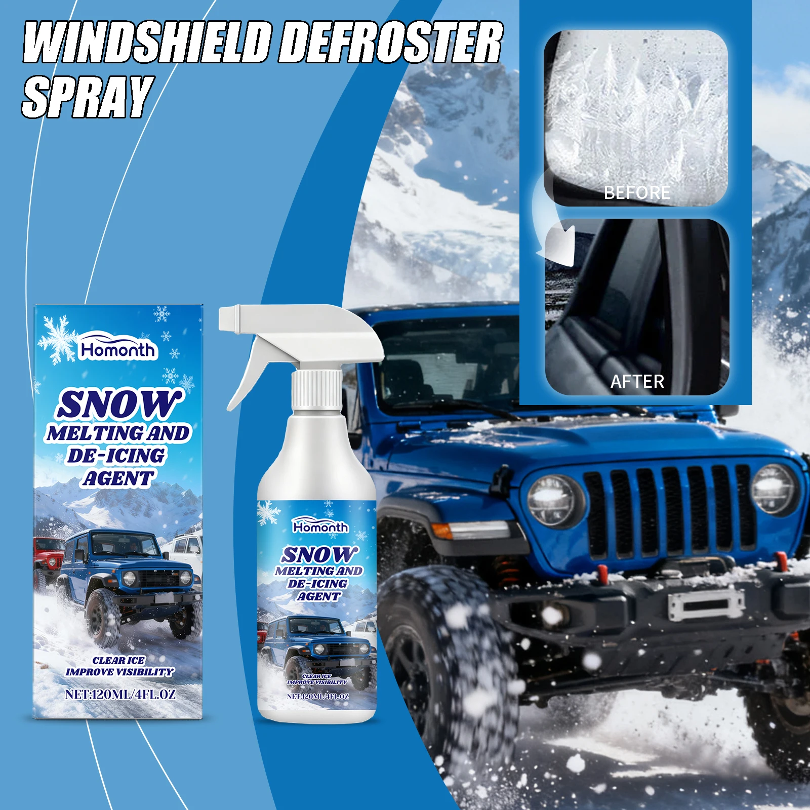 Windshield Defroster Spray Car Snow Melting De-Icing Spray for Car Glass Prevents Frost Ice in Winter Clear View Safe Driving