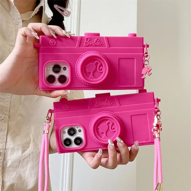 

Silicone phone case with Barbie stand beautiful camera case with lanyard, shockproof design for iPhone 15 14 13 Pro Max Kawai