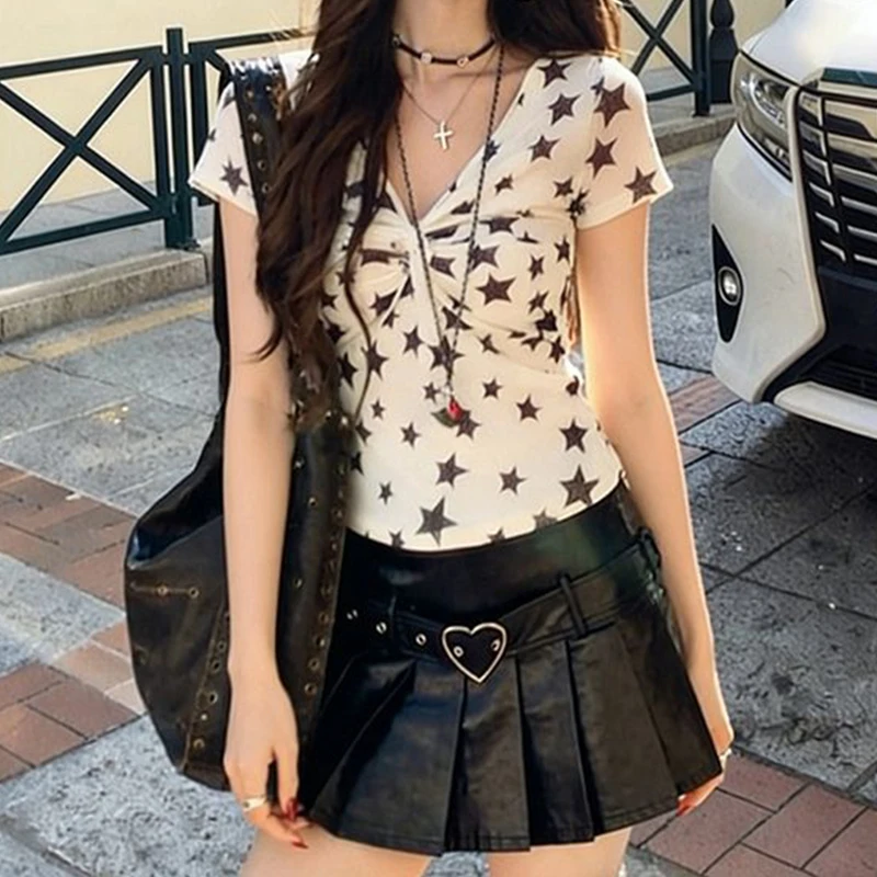 Women Star Print V Neck T Shirt Short Sleeve Slim Fit Y2K Style Top And PU Leather Pleated Mini Skirt Set