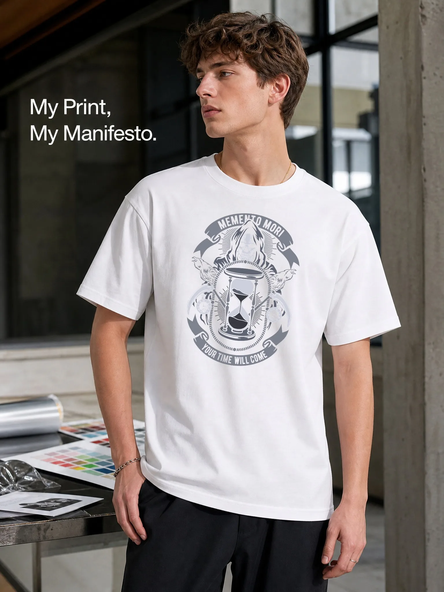 Men's White Round-Neck Short-Sleeve T-Shirt with Death Hourglass Crow Lettering Print, Loose Fit, Dark Street Style, Everyday Casual Wear, Cotton, Comfortable and Skin-Friendly