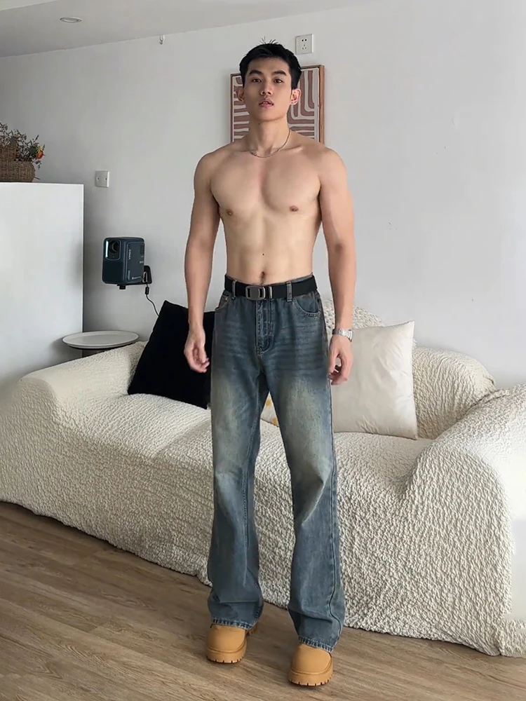 

American Retro Blue Fce Lined Straight Leg Men's Jeans Casual Loose Wide Leg Long Pants Breathable Comfortable Cotton Blend
