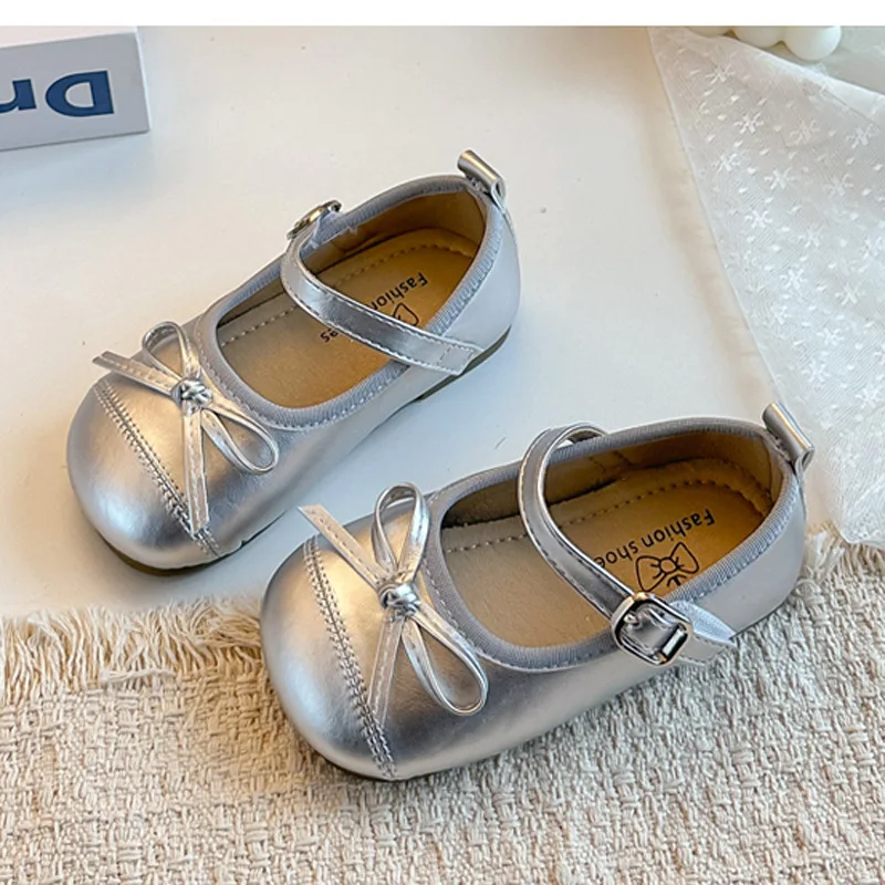 

Girls' Solid Color Single Shoes, Cute Bow Princess PU Leather Shiny Spring Summer 2026, Suitable Toddlers, Medium Large Children
