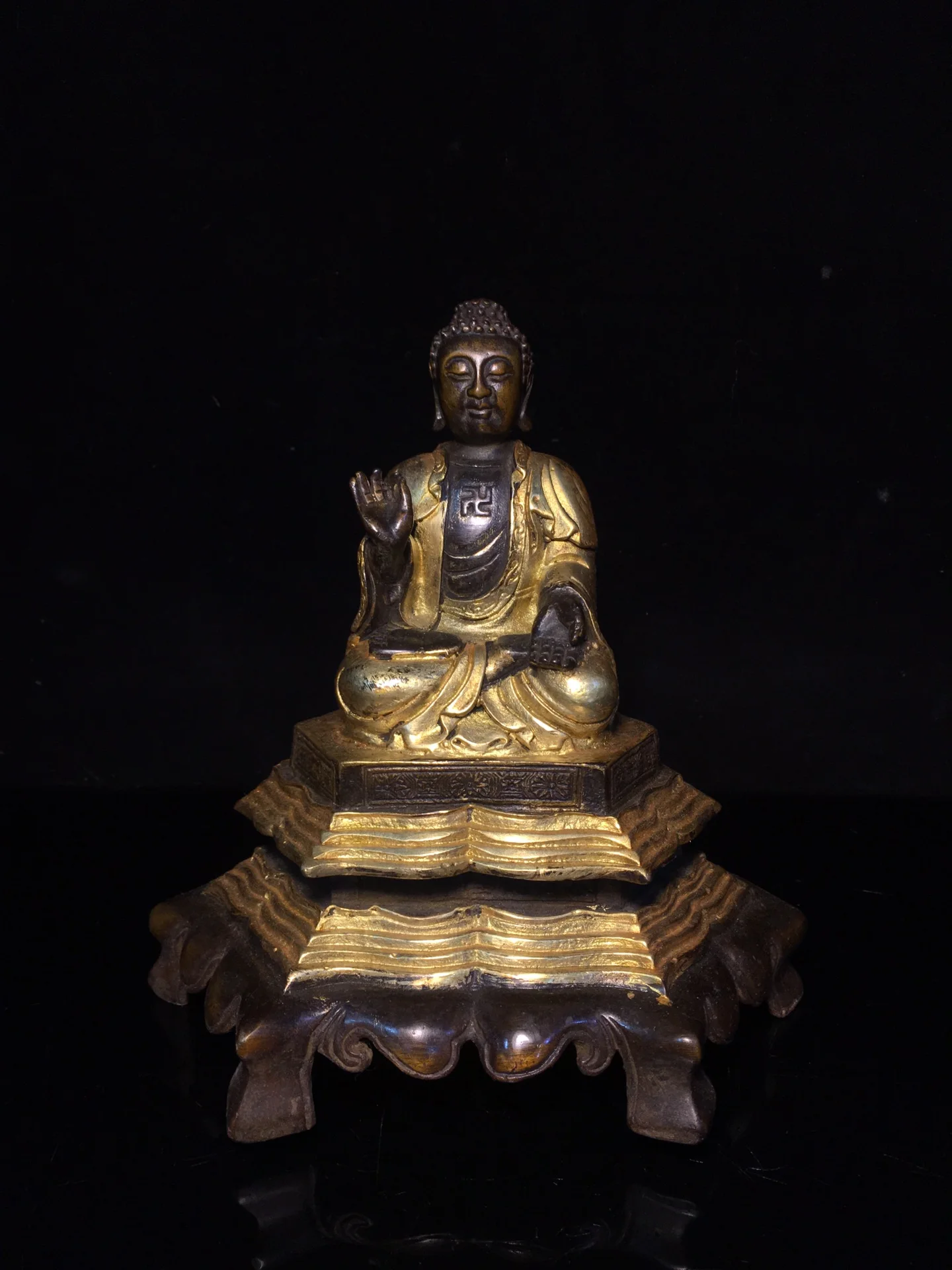 

8"Tibetan Temple Collection Old Bronze Gilt Shakyamuni Amitabha three floors lotus platform worship buddha Town house Exorcism