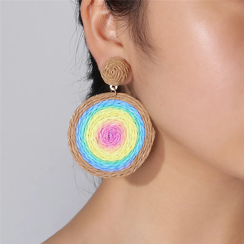 New Colorful Summer Round Hand Woven Lafite Grass Earrings For Daily Sea Accidents Tourism And Vacation Wear 7CM