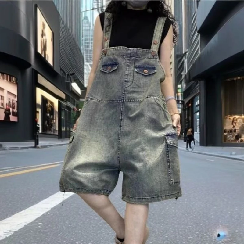 

European Style Plus Size Women's Denim Overalls, Summer Streetwear Thin Suspender Shorts, Loose Casual One-Piece Denim Pants