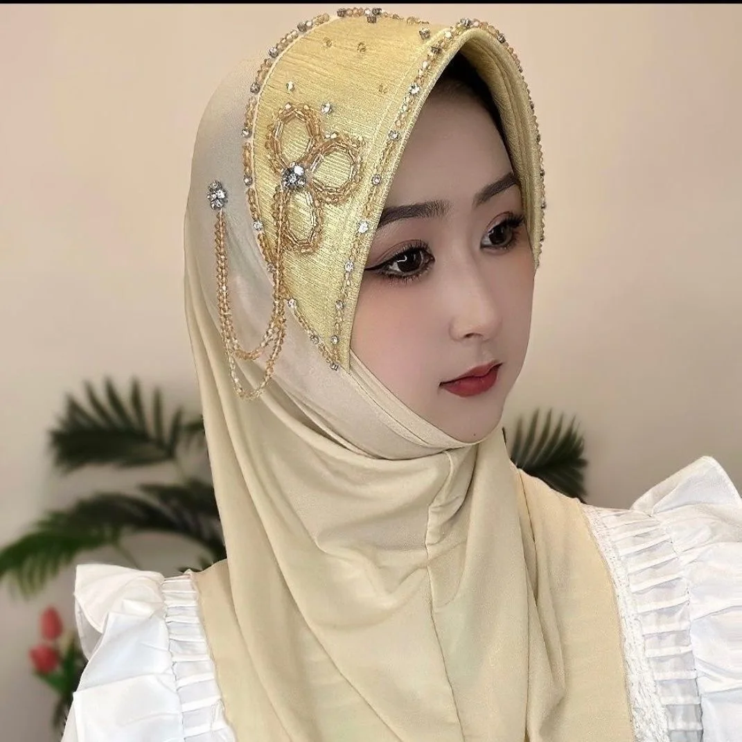 Abaya Hijab bufanda musulmana para mujer ropa turbante envío gratuito pañuelo malasia gorra sombrero Kufi Islam lujo borla flor 05247