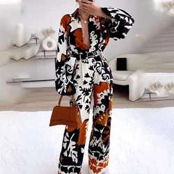 Elegant Spring And Autumn Women's Fashion White Printed Long Sleeve Button Collar Shirt Casual Pocket Pants Two Piece Set