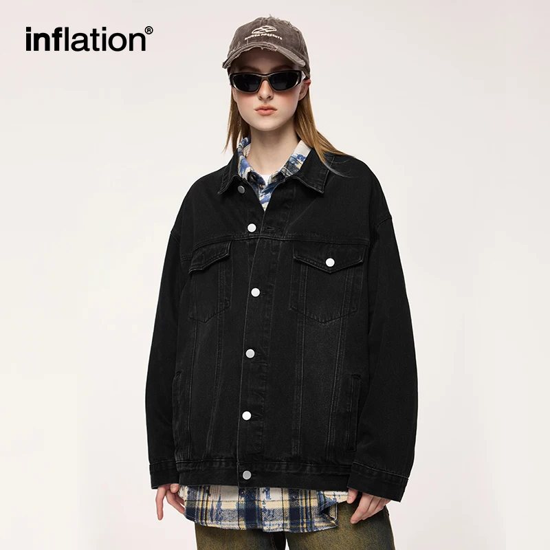 

INFLATION Men's Retro Washed Denim Jacket American High Street Distressed Loose Coat