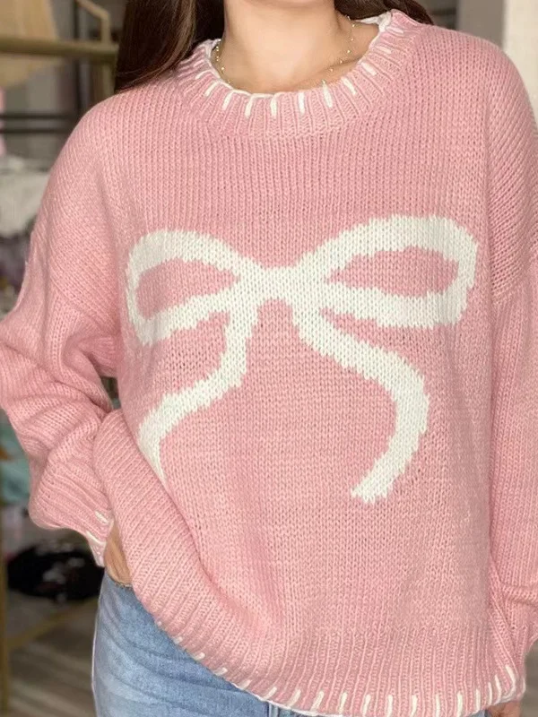 

Long round Casual Sle Faionable Autumn Top Loose Women's Knitted Jacquard Sweater Comfortable Knitwear