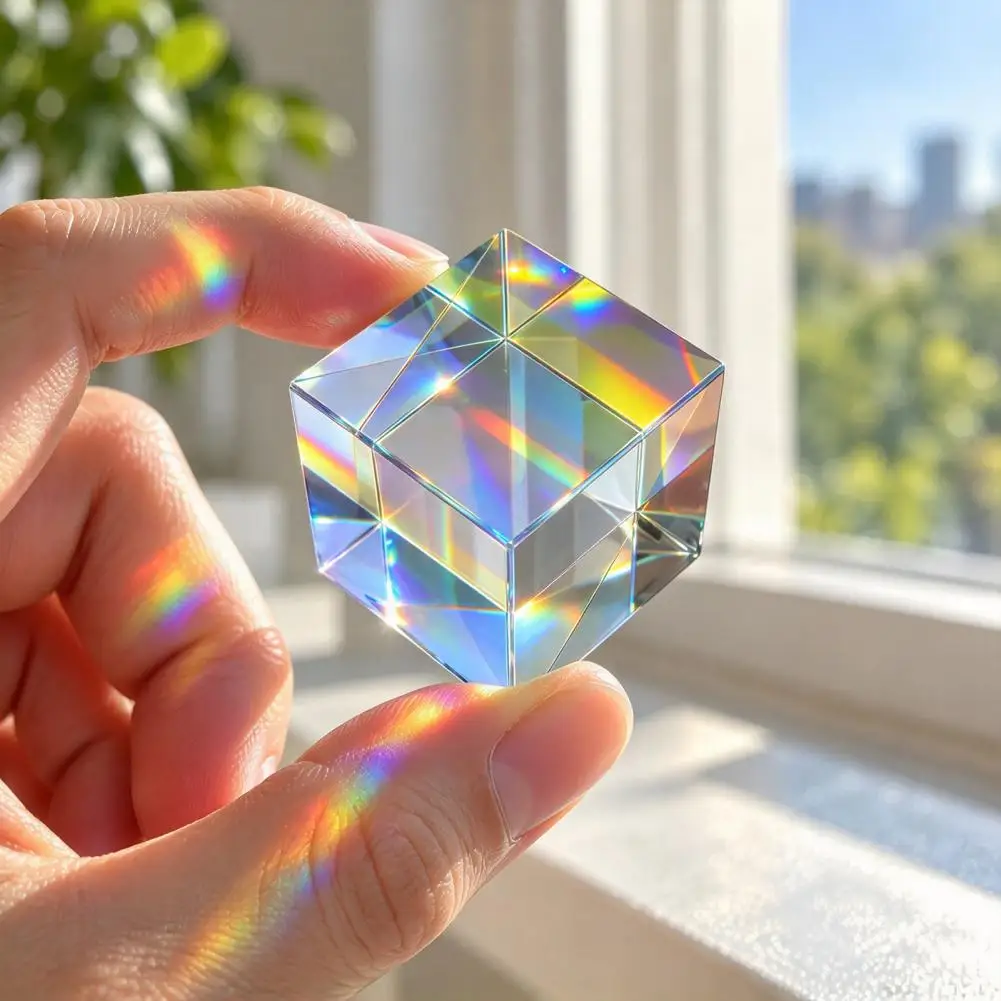 Rainbow Maker Prism Ornament Mini K9 Glass Prism Cube Optical Color Mixing Sun Catcher Light Refraction Desktop Decor for Window
