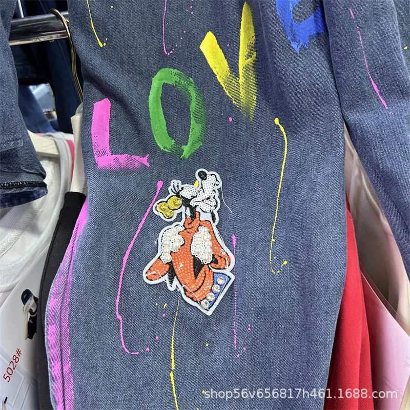 شعبية تصميم المطبوعة الجينز دعوى الكرتون فضفاضة طويلة الأكمام الدنيم قميص أعلى مرونة الخصر واسعة الساق السراويل الطويلة قطعتين مجموعة