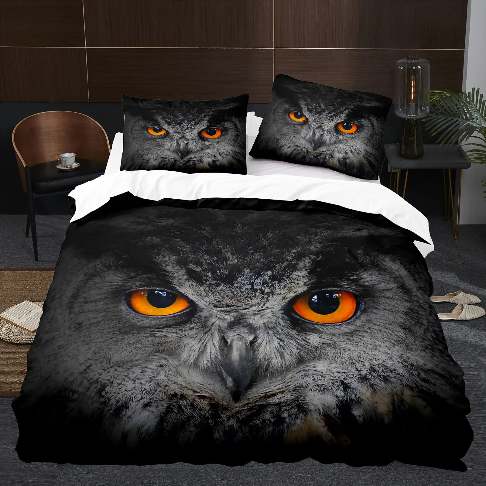 

Owl Boys Youth Duvet Cover Set King Queen Cool Black Nighthawk Safari Wildlife Comforter Cover Bird Animal Polyester Bedding Set