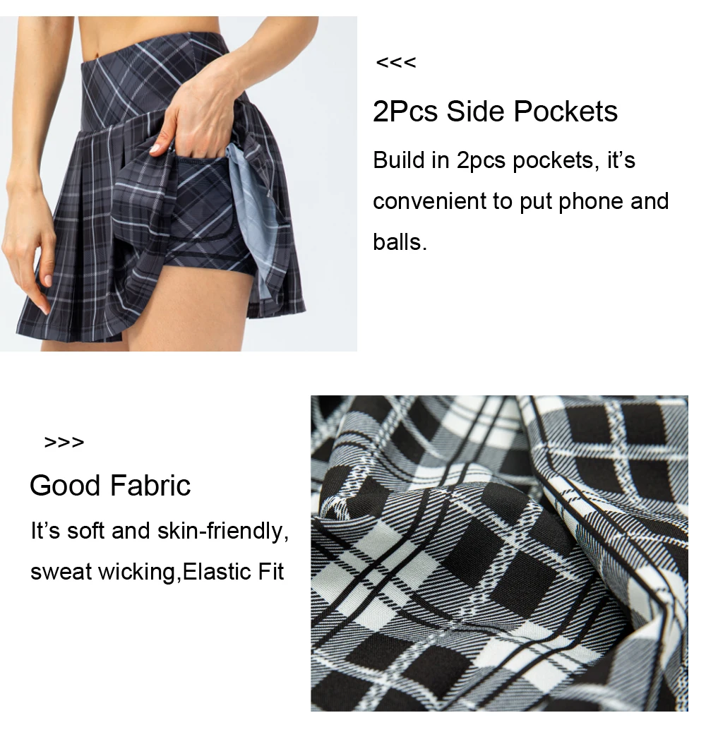 Women Sport Skort with Pockets High Waist Pleated Check Printed Anti-glare Dance Golf Tennis Running Shorts with Skirt