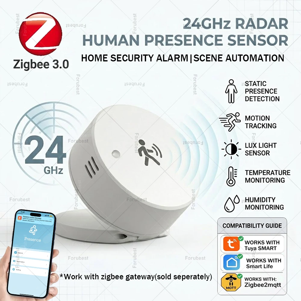 

Zigbee Human Presence Sensor 24G mmWave Radar Motion Detector,Luminance Temp Humidity Sensor,For Tuya Home Assistant Zigbee2MQTT