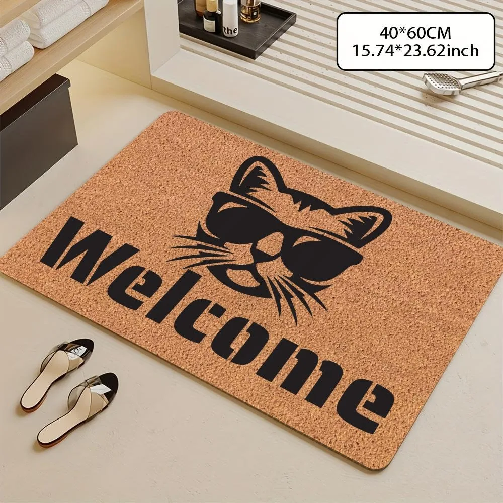 Cool Cat Welcome Sign Diatom Mud Floor Mat Bathroom Living Room Door Non-slip Mat Home Decor Entryway Foot Rug