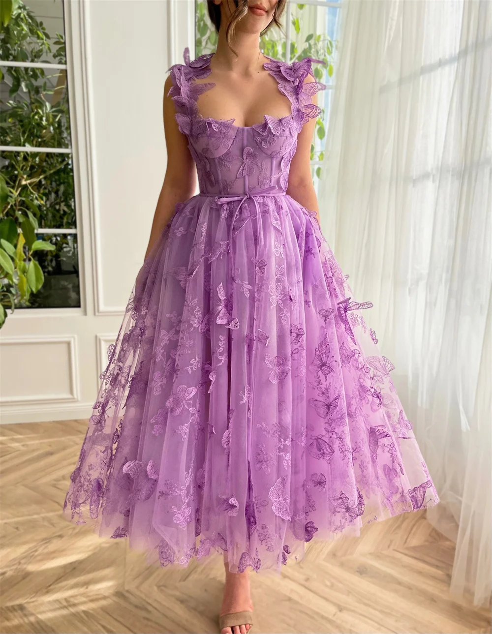 Off-the-Shouldes 3D Butterfly Homecoming Dresses for Teens Embroidered Tulle Prom Gowns Ankle-Length Long Formal Evening Party