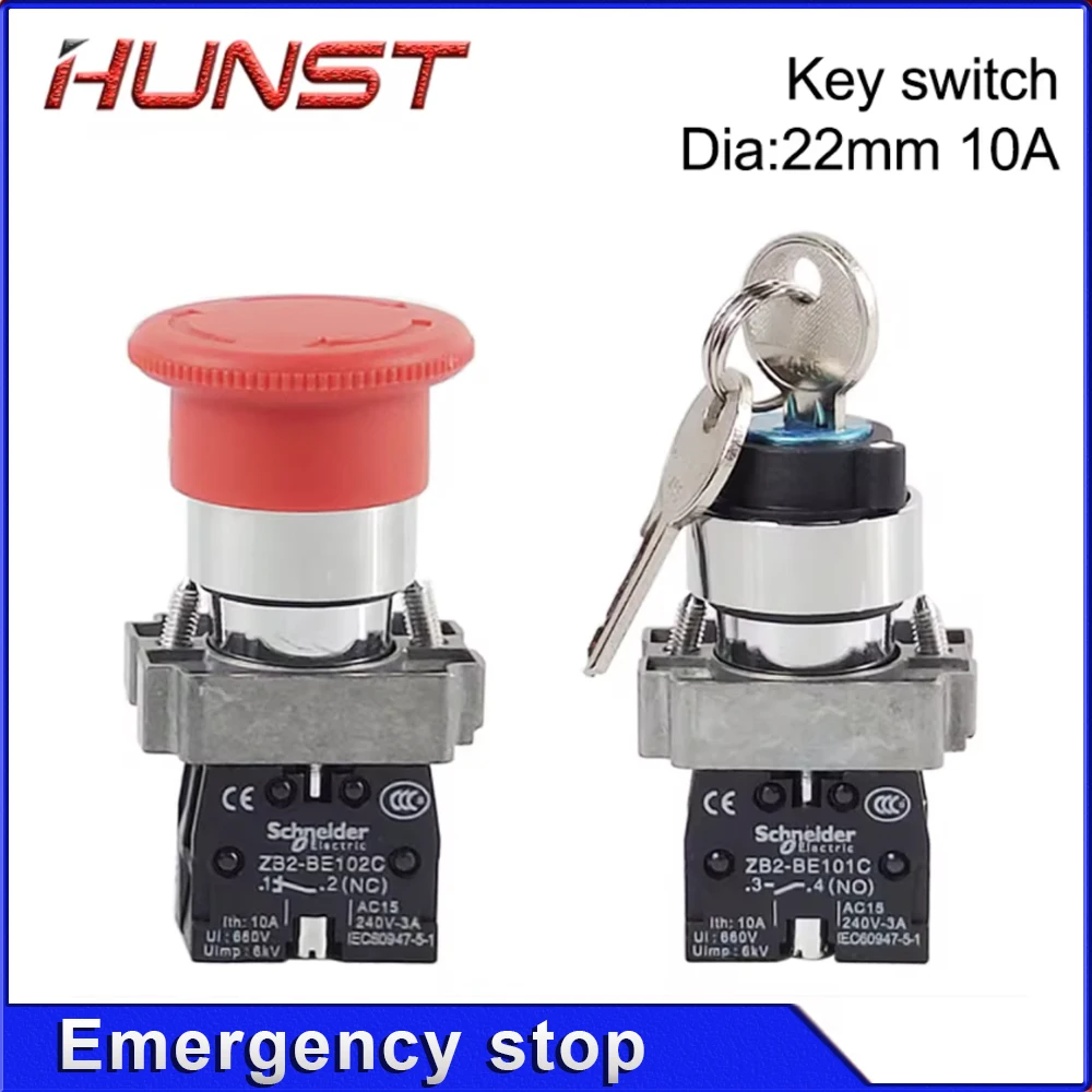 Hunst Emergency Stop Button NC Key Switch NO AC15 10A for CO2 Laser Engraving Cutting Machine