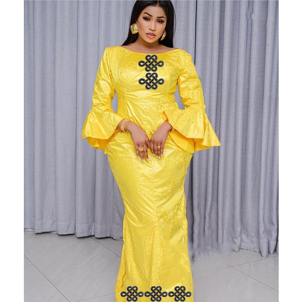 

Yellow Large Size Bazin Riche Long Dresses For African Women Evening Gowns Basin Riche Dashiki Robe Party Bazin Riche Clothing