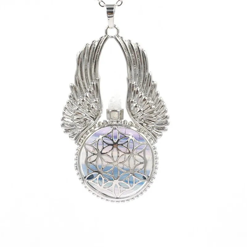 Natural Stone Pendant Reiki Women Angel Wings Hexagonal Round Flower of Life Necklace Wrapped Crystal Caller