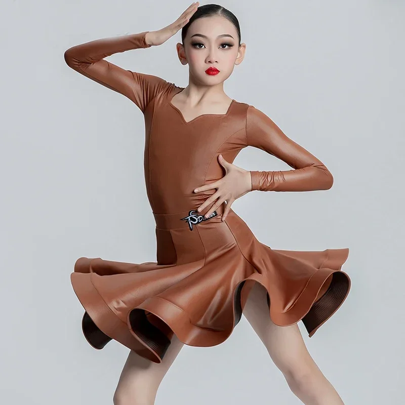 Girls Long Sleeved Ballroom Dance Dresses Stage Wear Many Colors National Standard Latin Dance Competition Dress for