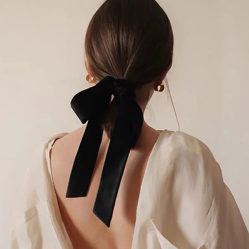 

Fashion Vintage Black Velvet Bow Hair Ribbon Scrunchie for Women Girls Long Elastic Hair Tie Headwear Female Hair Accessories