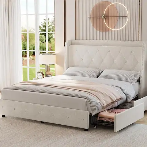 Queen Size Bed Frame with USB Ports and Charging Outlets, Queen Bed Frame with Storage, Metal Frame with Wood Slats