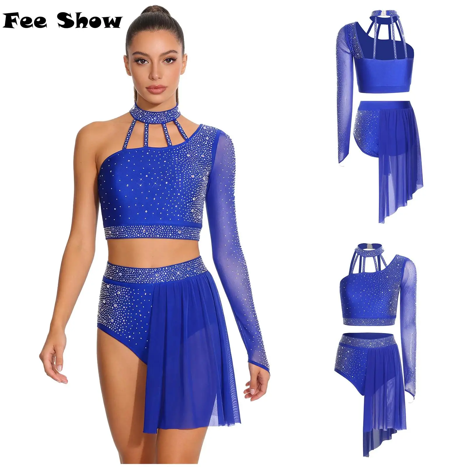 

Womens Latin Dance Asymmetrical Outfit Halter Stappy Back Crop Top and Shorts with Mesh Hem Rhinestone Dance Costume