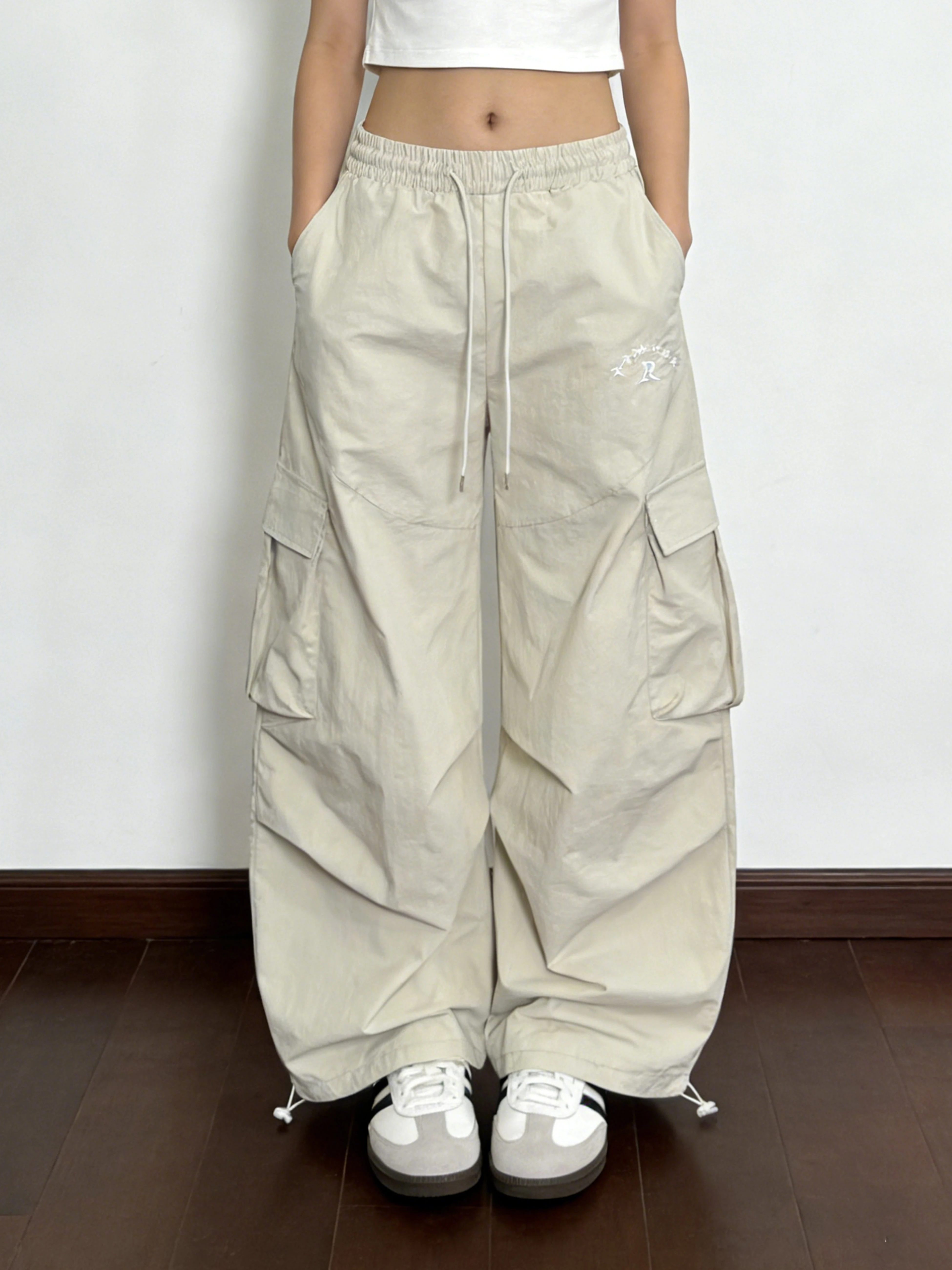 

American Style Loose Casual Pants Women's Embroidered Letter Wide Leg Cuffed Trousers with Big Pockets Ladies Fashion