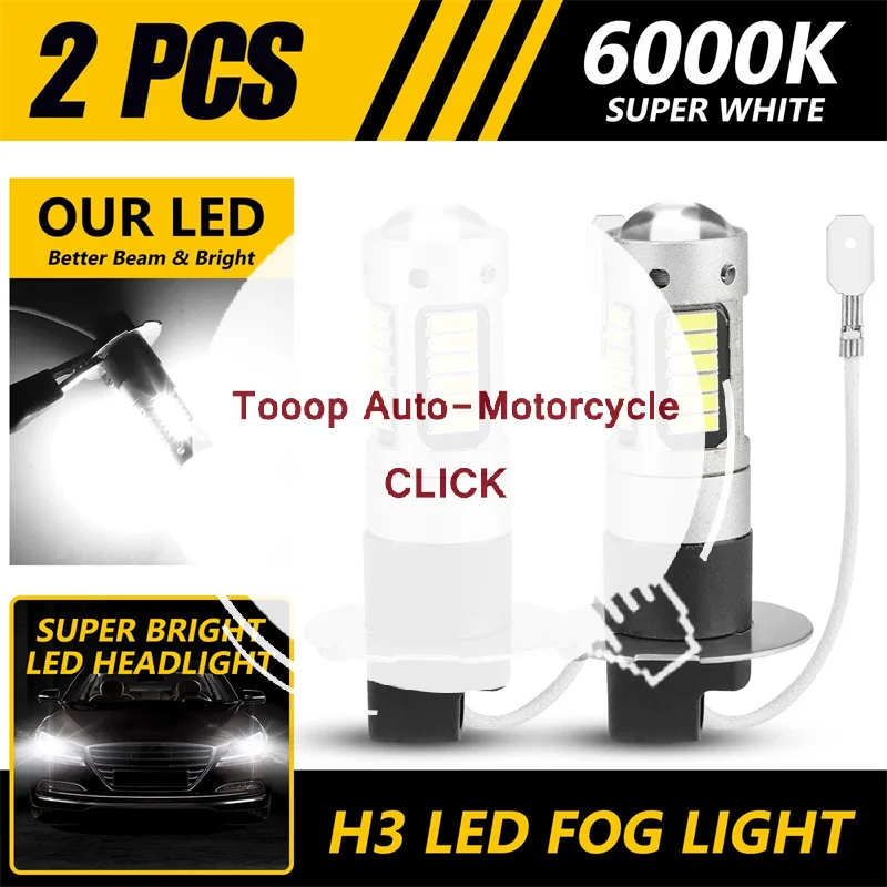 

2 шт. автомобильные светодиодные противотуманные фары H3, лампы высокой мощности, дневные ходовые огни, супер яркие 6000K, белая лампа