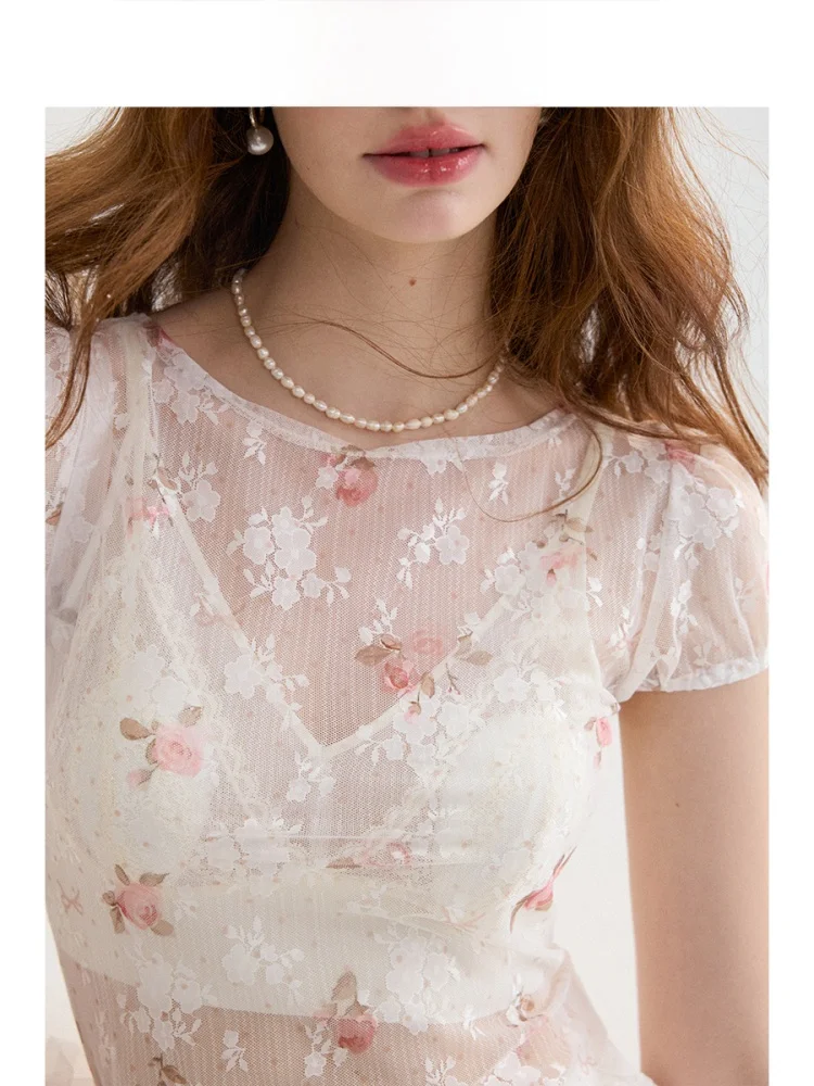 프랑스 스타일 레이스 셔츠 반팔 플로럴 프린트 슬림핏 티셔츠 여성 여름 휴가용 라운드넥 티
