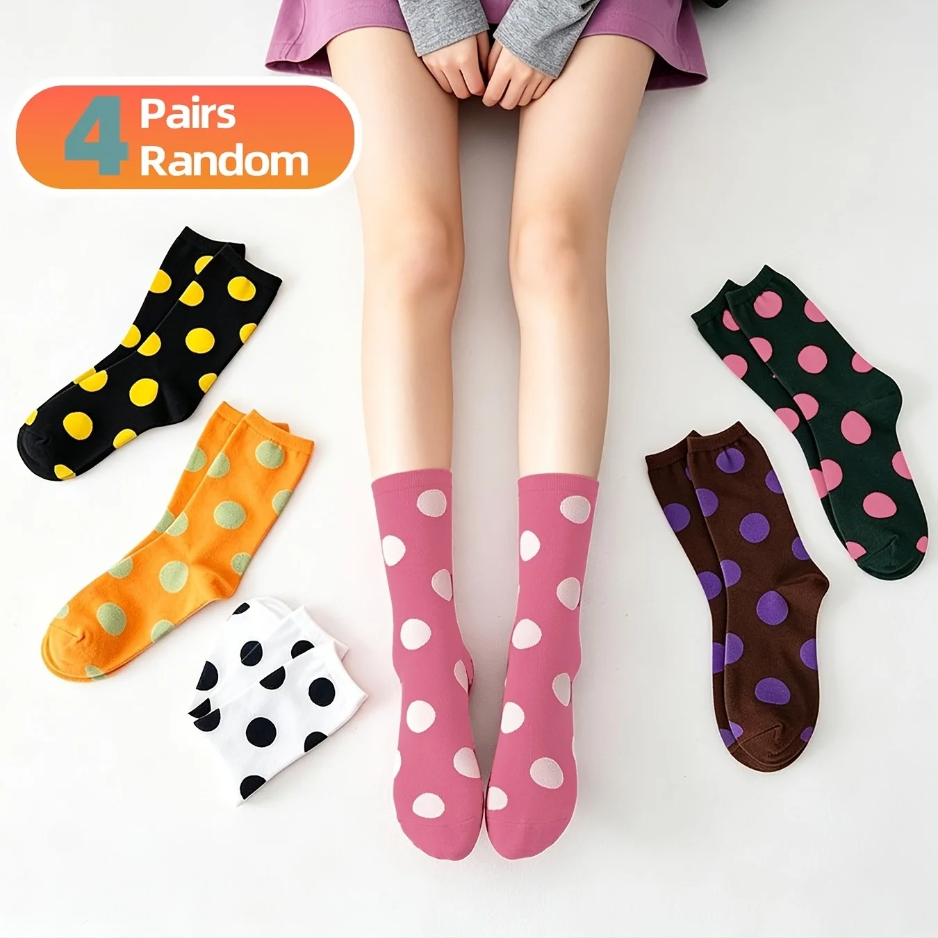4-Pair Pack (Random Colors) Women' Retro Polka Dot Crew Socks - Soft Breathable Ribbed Mid-Calf