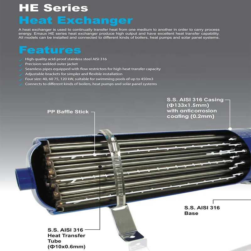 EMAUX swimming pool equipment accessories stainless steel heat exchanger shell and tube heat exchanger