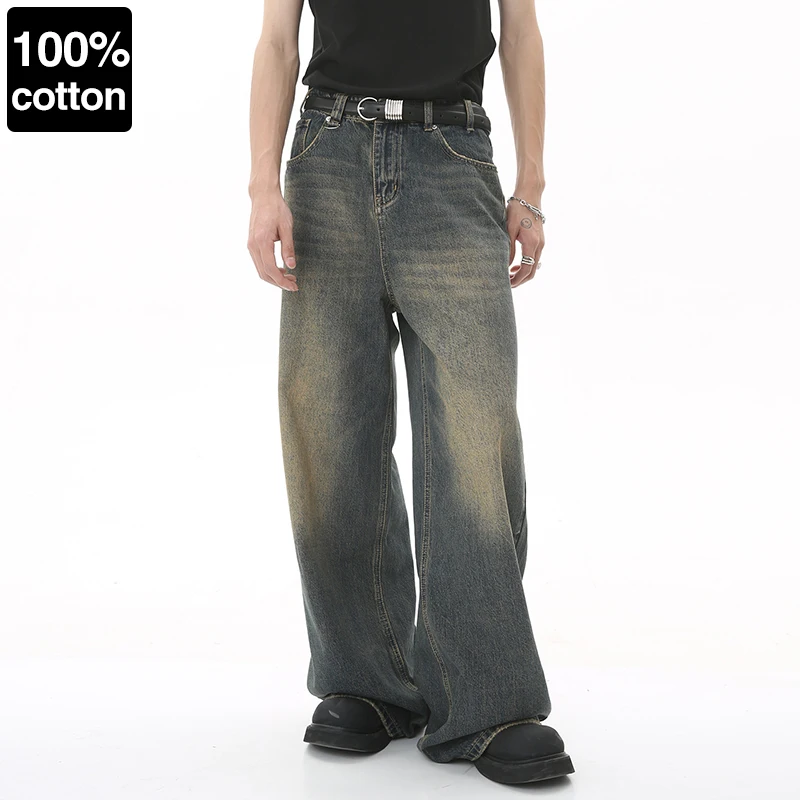 

American Retro Jeans Baggy Wide Leg 100% Cotton Classic Denim Pants Men's Fashion Streetwear All Seasons Casual Loose Trousers