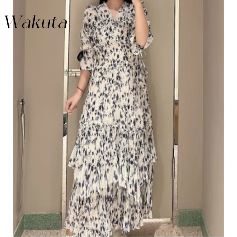 

WAKUTA Japanese Spring/summer Fashion Temperament V-neck Long-sleeved Floral Waist Pleated Robe Harajuku Irregular Hem Maxi Gown