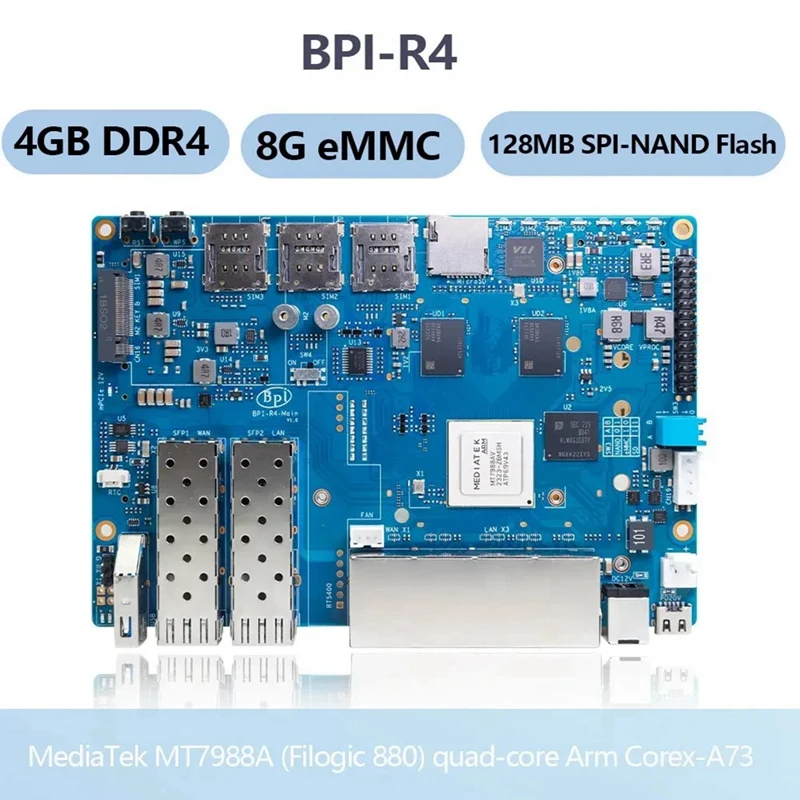 For Banana Pi BPI-R4 Mediatek MT7988A Quad-Core Arm Cortex-A73 4GB DDR4 8GB EMMC Smart Router Board