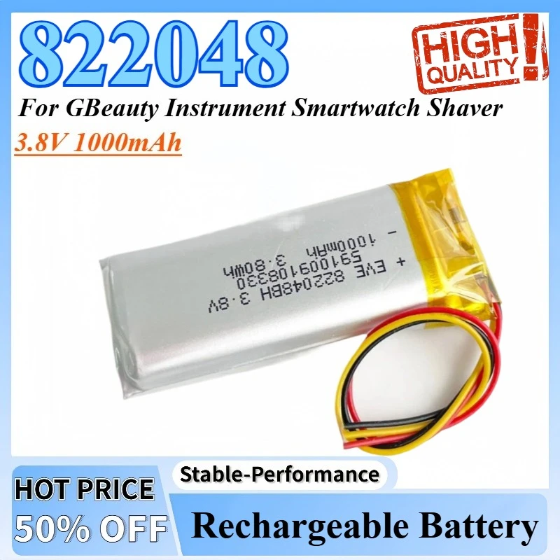 

822048 3.8V 1000mAh 3.8wh Lipo Rechargeable Battery+ JST 3pin MX 1.2mm Plug for GBeauty Instrument Smartwatch Shaver