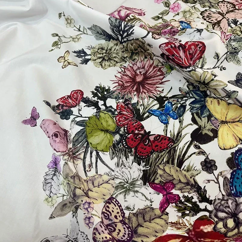 2024 Brand Cotton Printed Butterfly Flower Pattern Fabric for Dress Shirt High Quality Elastic Satin Fabric Material for Clothes