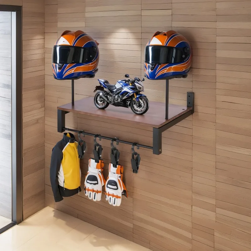 Wooden motorcycle helmet rack, wall mounted helmet display rack, wooden motorcycle leather clothing equipment tools