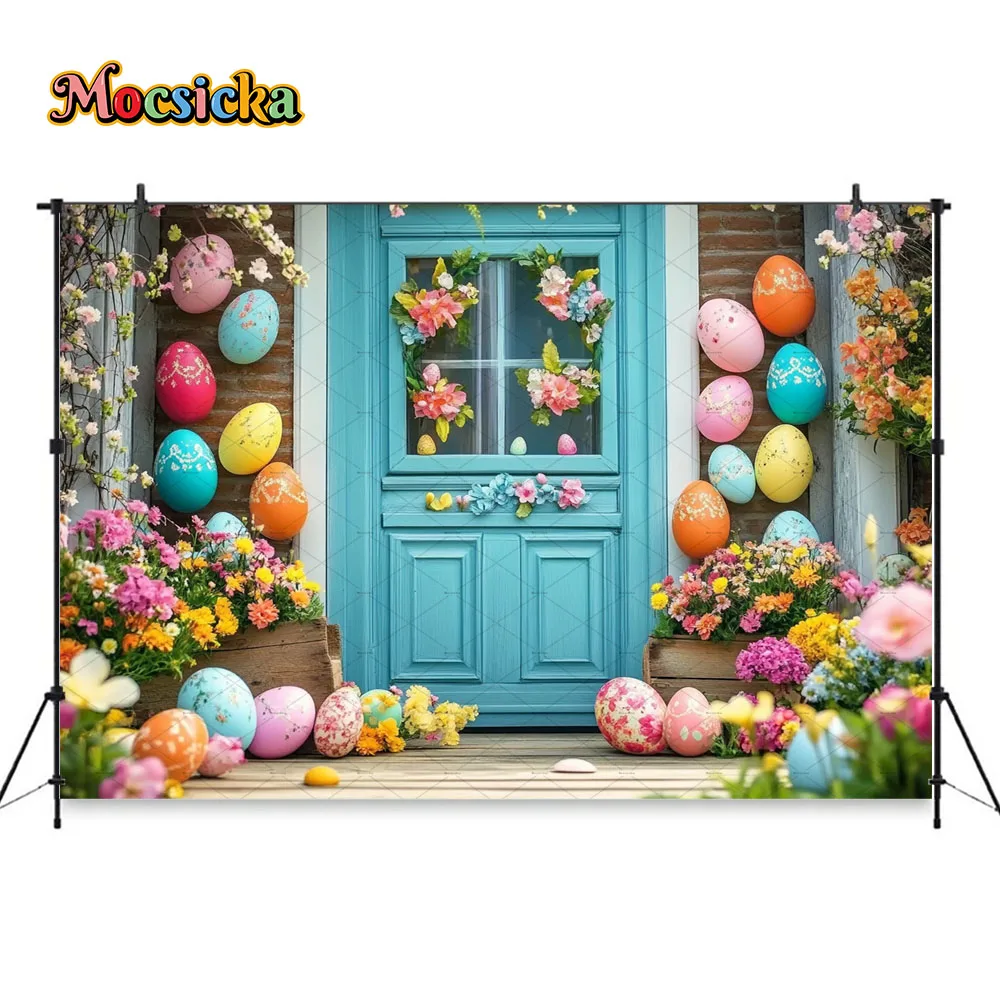 Mocsicka Primavera Pasqua Sfondo Fotografia Uova colorate Fiore Porta in legno Sfondo Kid 1° compleanno Torta Smash Photo Studio