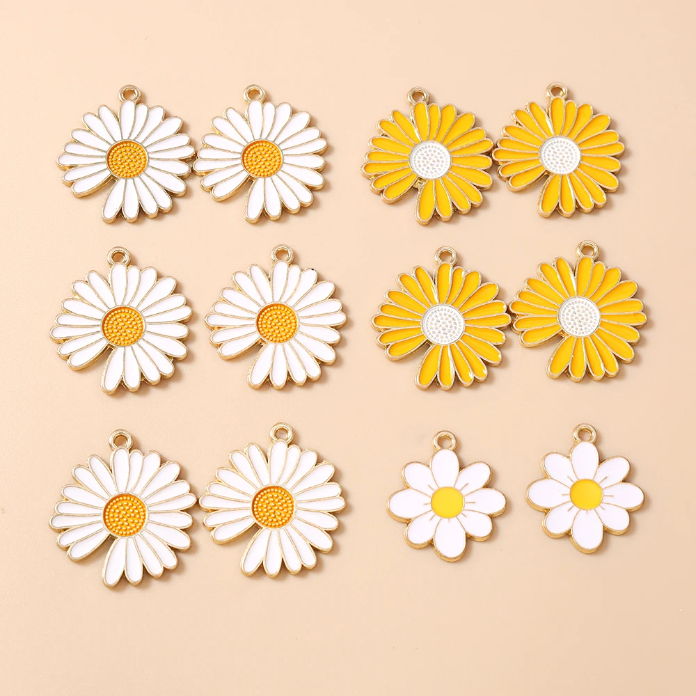 Leslie 10 Stück Emaille-Anhänger in Weiß und Gelb mit Gänseblümchen-Motiv für die Herstellung von Halsketten, Ohrringen, Armbändern, Charms, DIY-Schmuckzubehör – Detail 4