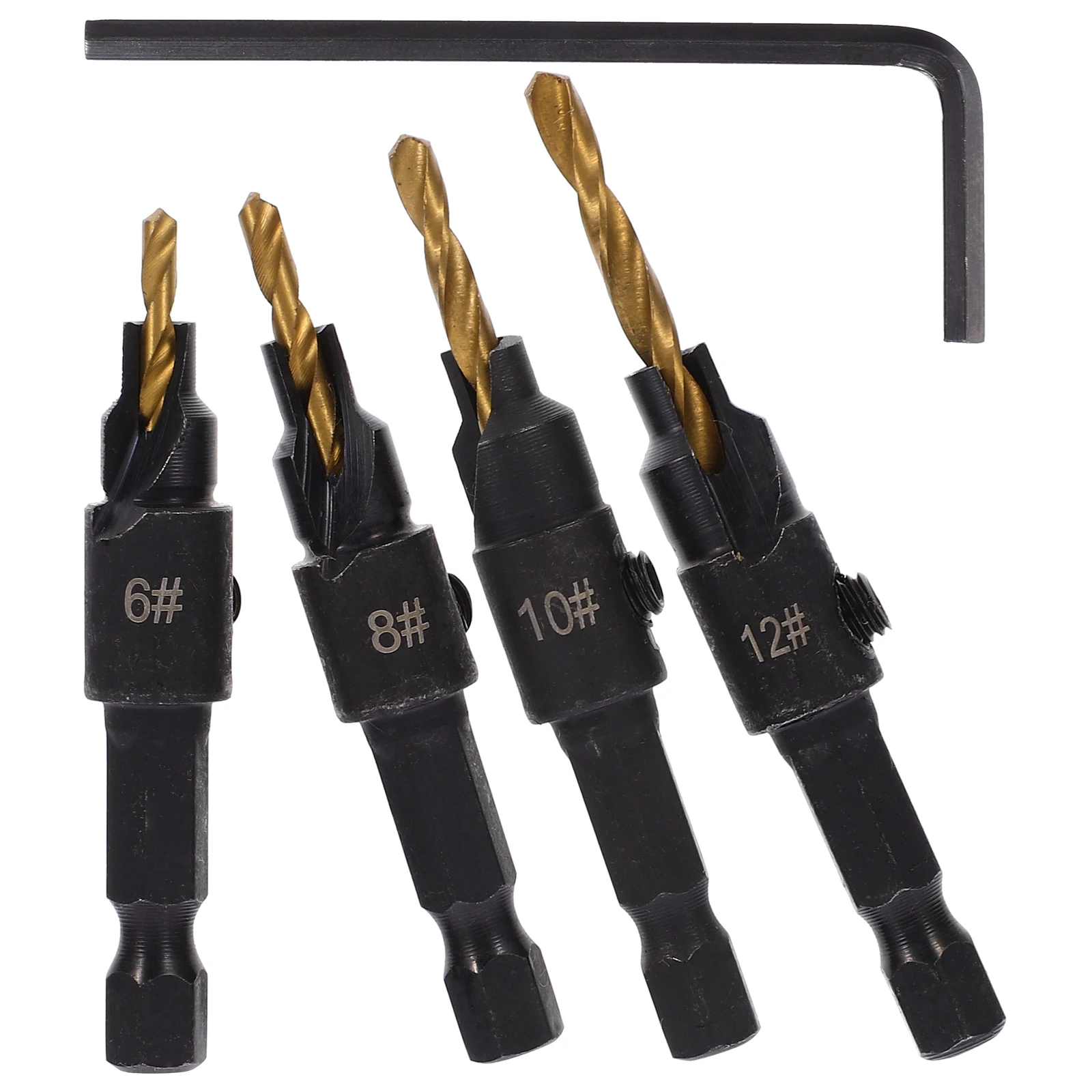 

4PC Countersink Drill Bit Set 1/4 Shank 0mm 2 4mm 2 8mm 3 2mm 3 6mm Titanium Coated Woodworking Splitters for Logging