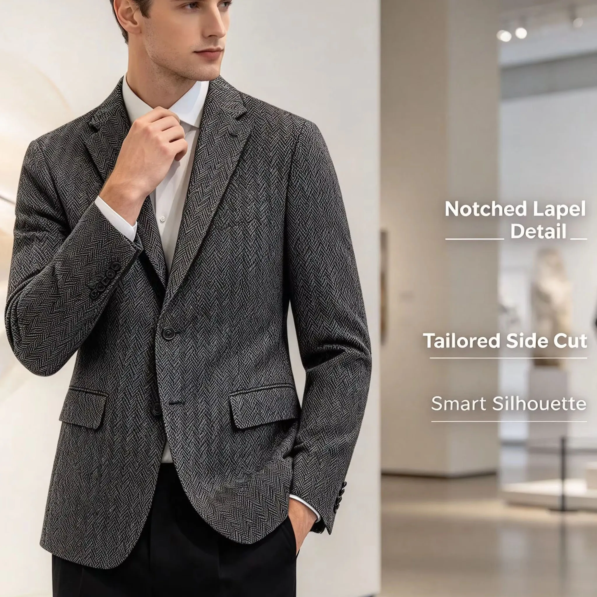 Men's Herringbone Blazer Two Button Notch Lapel Patch Pocket Sport Coat Smart Casual Jacket Fall Winter Big Tall