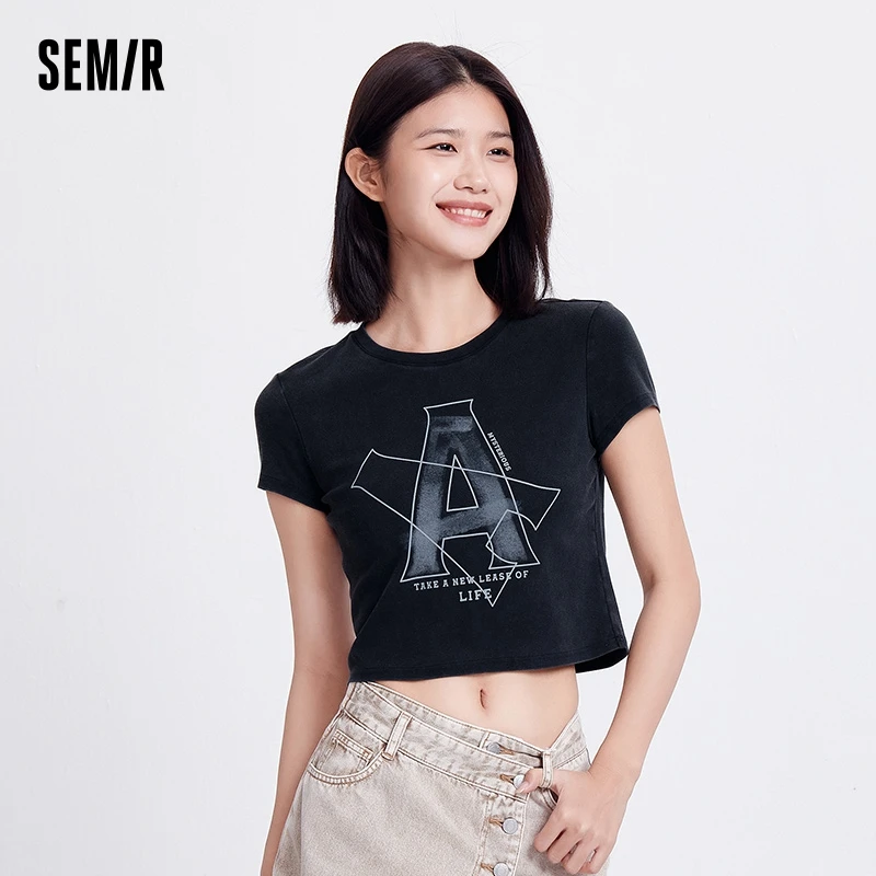 Semir Short-Sleeve T-Shirt Women 2024 Summer New Short Length Slim Fit Trendy Letter Design Vintage Distressed Summer Outfit