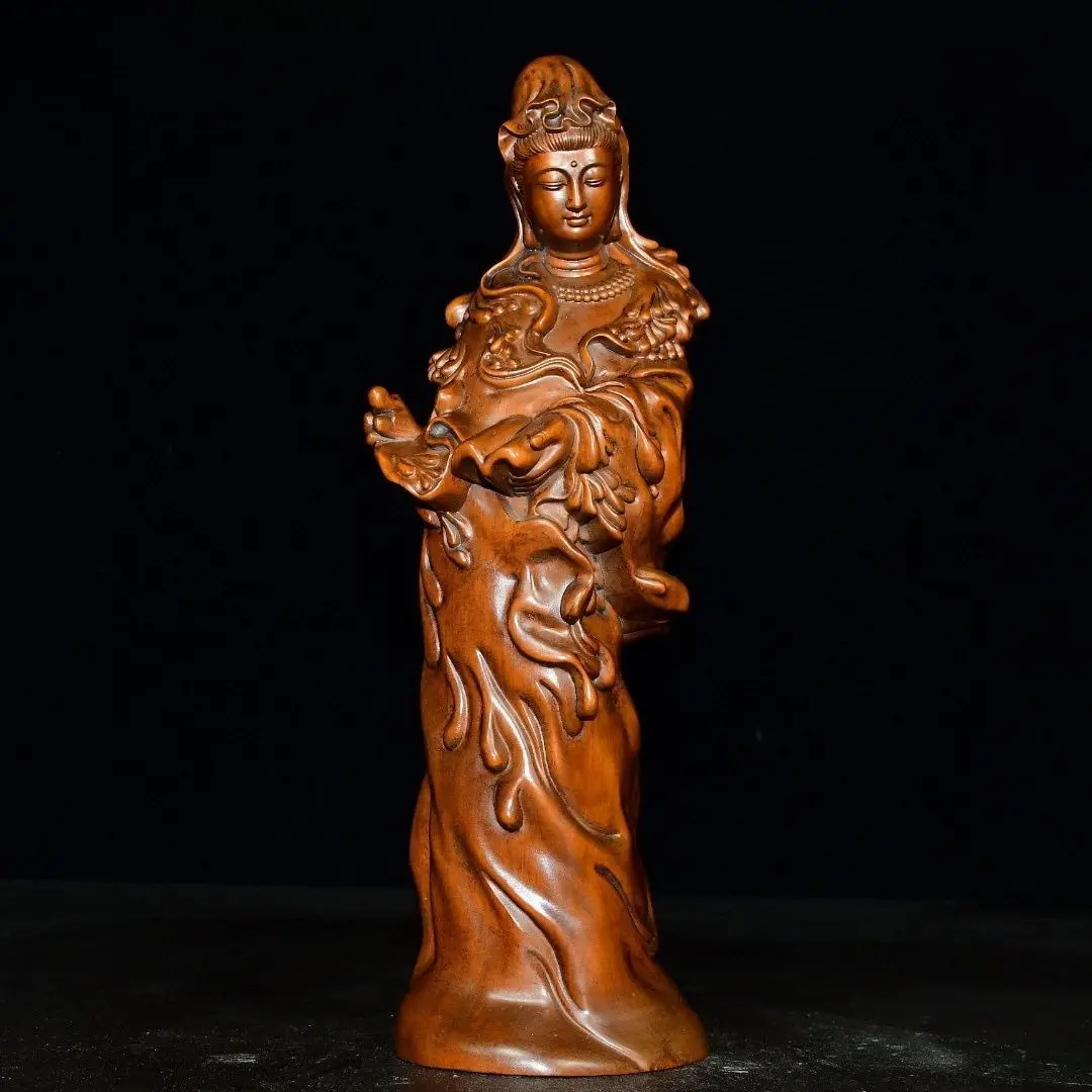 Hand Carved Wood Goddess guanyin holding scriptures Statue Figurine Desktop Ornaments Home Decoration