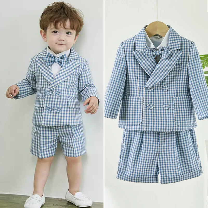 Baby Photograph Lattice Boys Suit Birthday Linen Thin Summer Little Boy Gentleman Outfit Formal Suits Children Coat Clothes Set